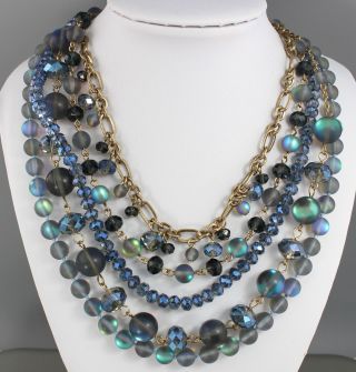 Vintage 80’s Blue & Gold Tone Multi 5 Strand Glass & Crystal Glass Bead Necklace