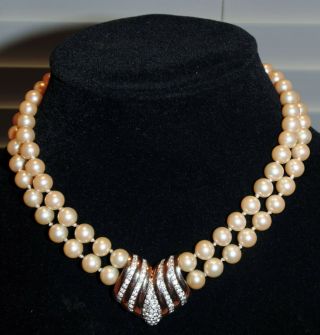 Vintage Panetta Faux Double Strand Pearl & Rhinestone Necklace Gold Tone Signed