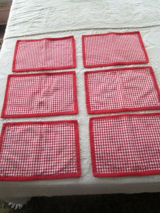 6 Red And White Checkered Placemats With Red Borders - Vintage - Vgc