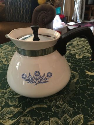 Corning Ware 6 Cup Vintage White Blue Cornflower Stove Top Tea Water Pot Kettle