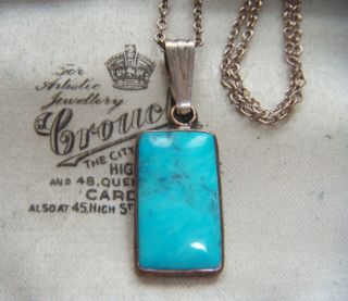 Vintage Sterling Silver Real Turquoise Modernist Pendant With Chain Necklace