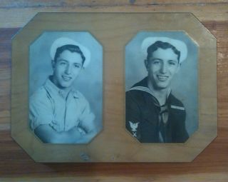 Vintage Wood Picture Frame Twin Photograph Us Navy Man Ww2 Wwii Pyraglass Usa
