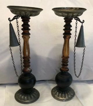Vtg Set 2 Brass Wood Resin Hand Painted Candle Stick Holder India Snuffer Chain
