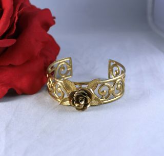 Vintage Coro Gold Tone Flower Rose Cuff Bracelet Cat Rescue