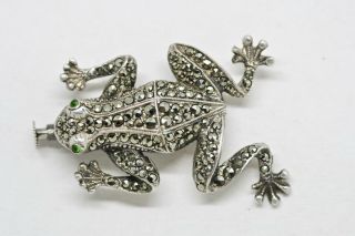 VINTAGE French ART DECO Sterling Silver FROG Brooch MARCASITE & Green Paste 3