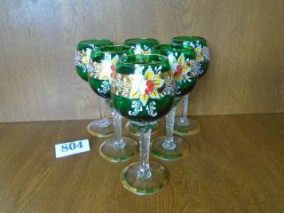6 Vintage Murano Wine Glasses / Goblets - Green & Applied Flowers