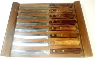 Vintage Flint Arrowhead Set Of 8 Steak Knives Walnut Holder Usa Made