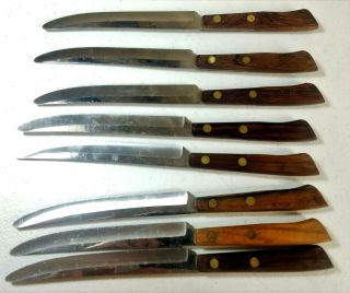 Vintage Flint Arrowhead Set Of 8 Steak Knives Walnut Holder USA Made 4