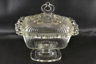Vintage Indiana Glass Pedestal Open Lace Oblong Candy Butter Dish Clear W/lid