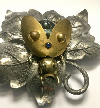 Vintage Pot Metal Brass Ladybug On Leaf Brooch Pin Huge