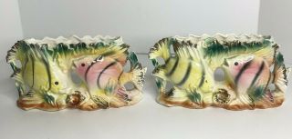 2 Mid Century Mod Vintage Colorful Ceramic Tropical Fish Planters Nautical Flaw