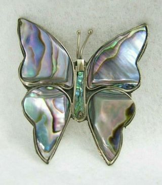 Vintage Mexico Mexican Silver Abalone Shell Inlay Butterfly Brooch Pin
