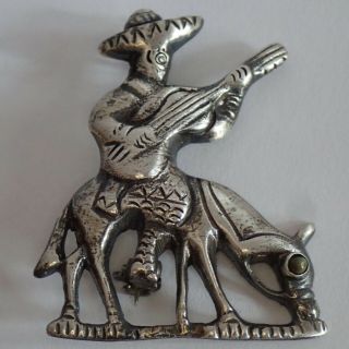 Vintage Mexican Sterling Silver Turquoise Man Riding Horse Brooch