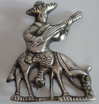 VINTAGE MEXICAN STERLING SILVER TURQUOISE MAN RIDING HORSE BROOCH 3