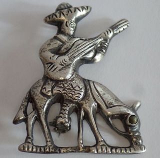 VINTAGE MEXICAN STERLING SILVER TURQUOISE MAN RIDING HORSE BROOCH 6