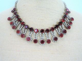 Dramatic Vintage Prong Set Red & Clear Rhinestone Dangling Bib Necklace Wow