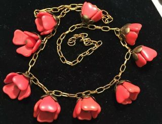 Vintage Art Deco Jewellery Unusual Red Satin Glass Rose Flower Pendant Necklace