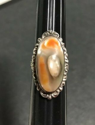 Vtg 5.  4 G Sterling Silver Abalone Mother Of Pearl Shell Cabochon Ring Size 4.  75