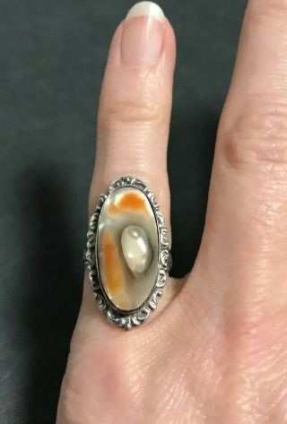 Vtg 5.  4 g Sterling Silver Abalone Mother Of Pearl Shell Cabochon Ring Size 4.  75 5