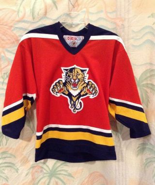 Ccm Florida Panthers Jersey Boys Youth Size L Red Embroidered Patches Vintage