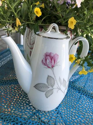 Vintage Zylstra Pink Rose Silver Teapot Coffee Pot Fine China Japan 1961