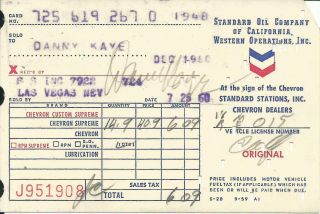 Danny Kaye & Vintage 1960 Signed Standard Oil Receipt Las Vegas Fill - Up