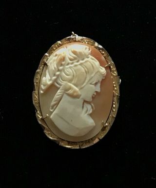 Vintage 800 Silver Gold Tone Shell Cameo Brooch Marked 1 1/2 " M007