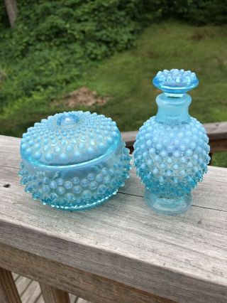 Vintage Fenton Glass Blue Opalescent Hobnail Vanity Puff Box & Perfume