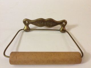 Vintage Toilet Paper Holder Wood Roller Brass Wall Mount,  “1st Class Toilet”