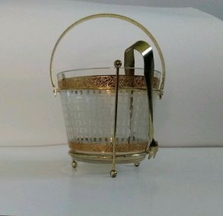 Vintage Culver Starlyte Glass Ice Champagne Bucket.  22kt Gold Gilt Caddy Tongs