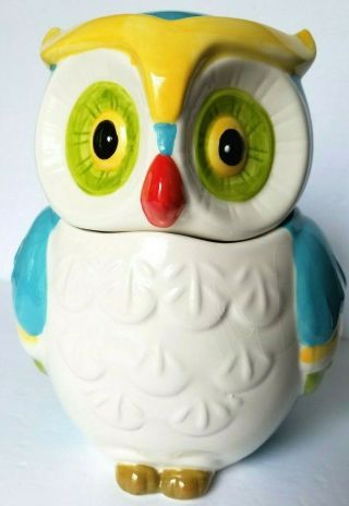 Vintage Owl Cookie Jar Kitchen Canister Ceramic Blue White Yellow Green Wide Eye