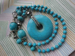 Vintage Silverplated Turquoise 5cm Pendant Beads Crystals 23 " 76 Gram Necklace