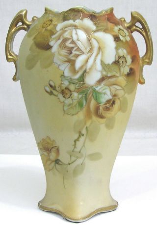 Vtg Nippon Vase Hand Painted Floral And Gold Green M - In - Wreath 8 1/2 " Tall