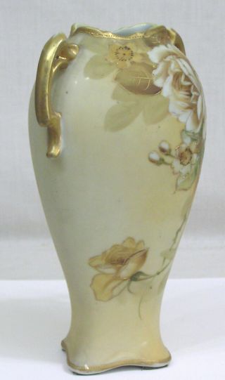 Vtg NIPPON Vase Hand Painted Floral and Gold Green M - in - Wreath 8 1/2 
