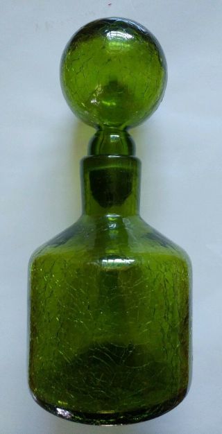 Round Olive Green Crackle Glass Decanter Rainbow Ball Stopper 9 " Vintage Mcm