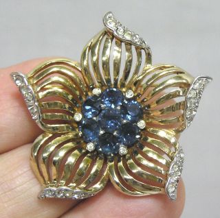 Vtg Jewelry Boucher Signed Flower Brooch Blue And Pave Rhinestones Goldtone