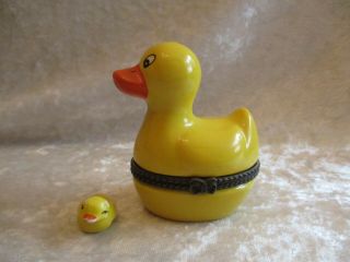 Vintage Yellow Porcelain " Rubber Duckie " With Baby Hinged Trinket Box