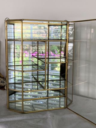 Vintage Brass Glass Trinket Display Case Wall Curio Cabinet Mirrored Door 8x10 2