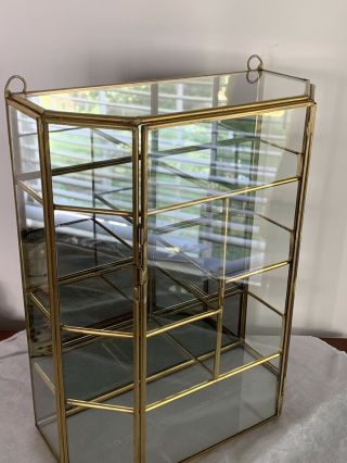 Vintage Brass Glass Trinket Display Case Wall Curio Cabinet Mirrored Door 8x10 3