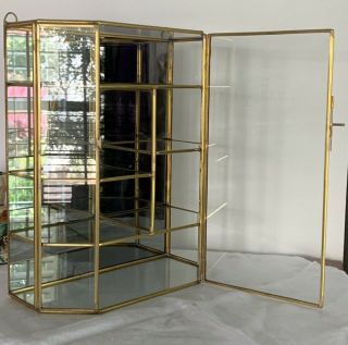 Vintage Brass Glass Trinket Display Case Wall Curio Cabinet Mirrored Door 8x10 5