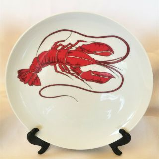 Vintage 8 Pc.  White Lobster Dinner Plates 10 ½ Inch Red Made In Japan
