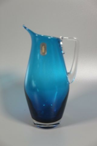 Vintage Whitefriars Teal Glass Jug With Clear Glass Handle