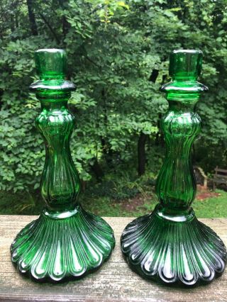 Vintage Emerald Green Glass Candlestick Holders 9” Tall
