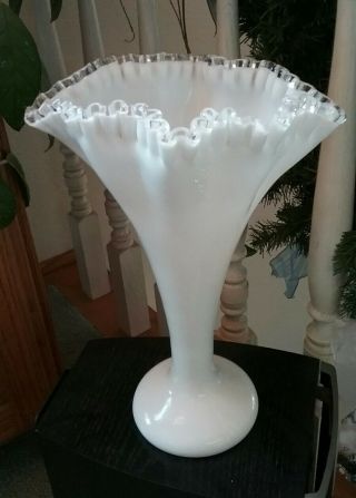 Vintage 12 " T Fenton Silvercrest Clear Ruffle Handblown Milkglass Flower Fan Vase