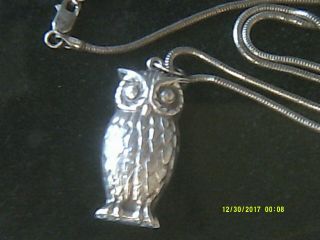 Vintage Sterling Silver Large Owl Pendant On Sterling Chain