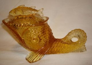 Vintage Yellow Amber Glass Dolphin Koi Fish Animal Covered Dish Candy Bowl W/lid