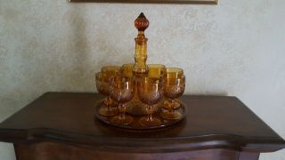 Vintage Amber Glass Tiara Wine Decanter Set,  10 Piece,  Vg