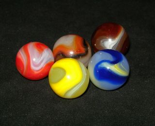 Vintage Akro Agate Co.  Mixed Marble Grouping (5) - - Incl.  A Blue Egg Yolk & More