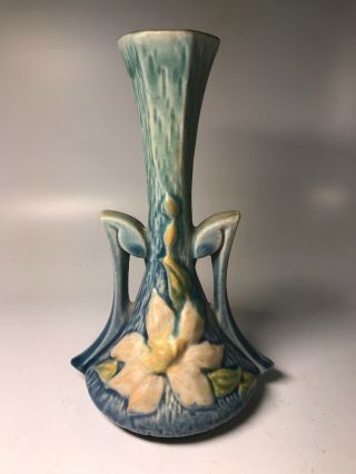 Vintage Roseville Art Pottery Bud Vase Clematis Pattern Blue 187 - 7