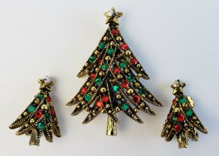 Vintage Hollycraft Christmas Tree Brooch & Earrings Demi - Parure Set